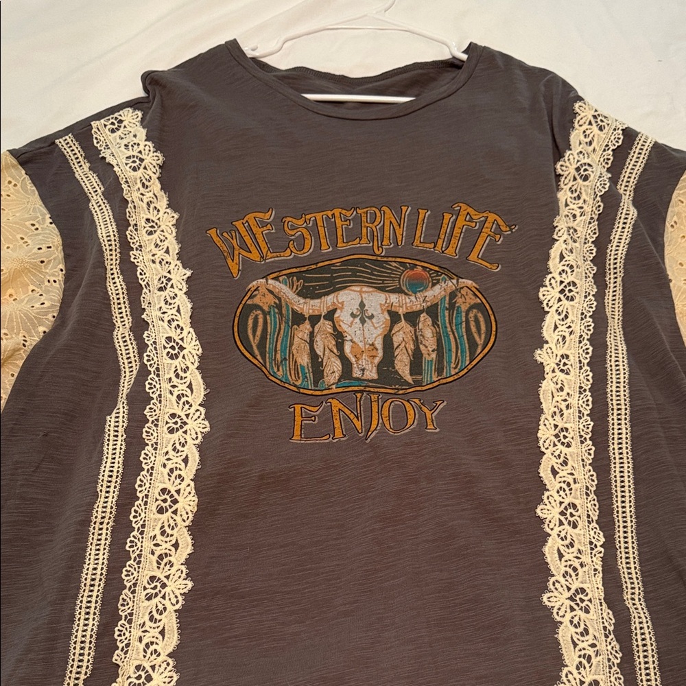 SHEIN Gray Western Life Top with Cream Lace